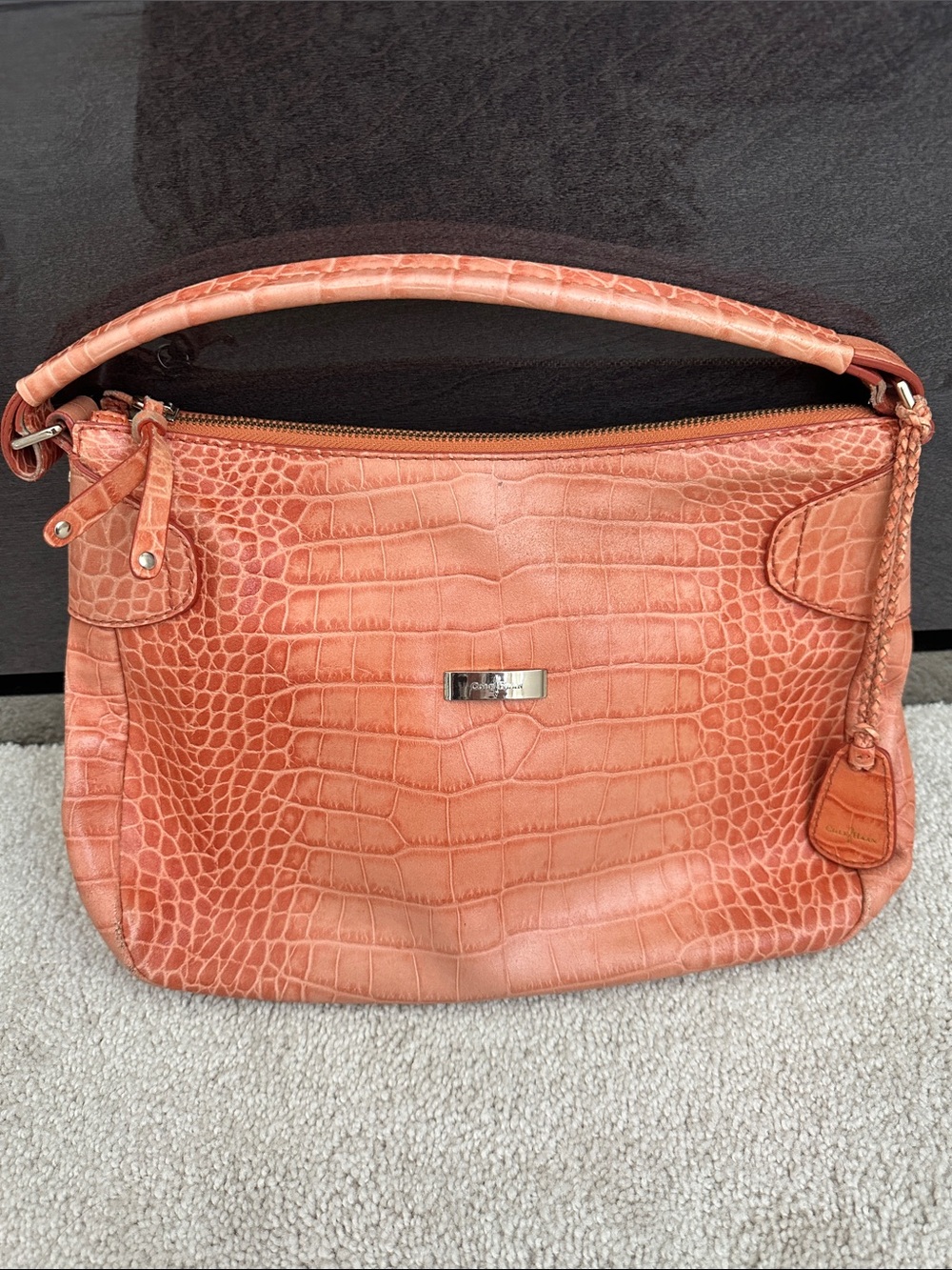 Croc-Embossed Leather Shoulder Bag in Coral